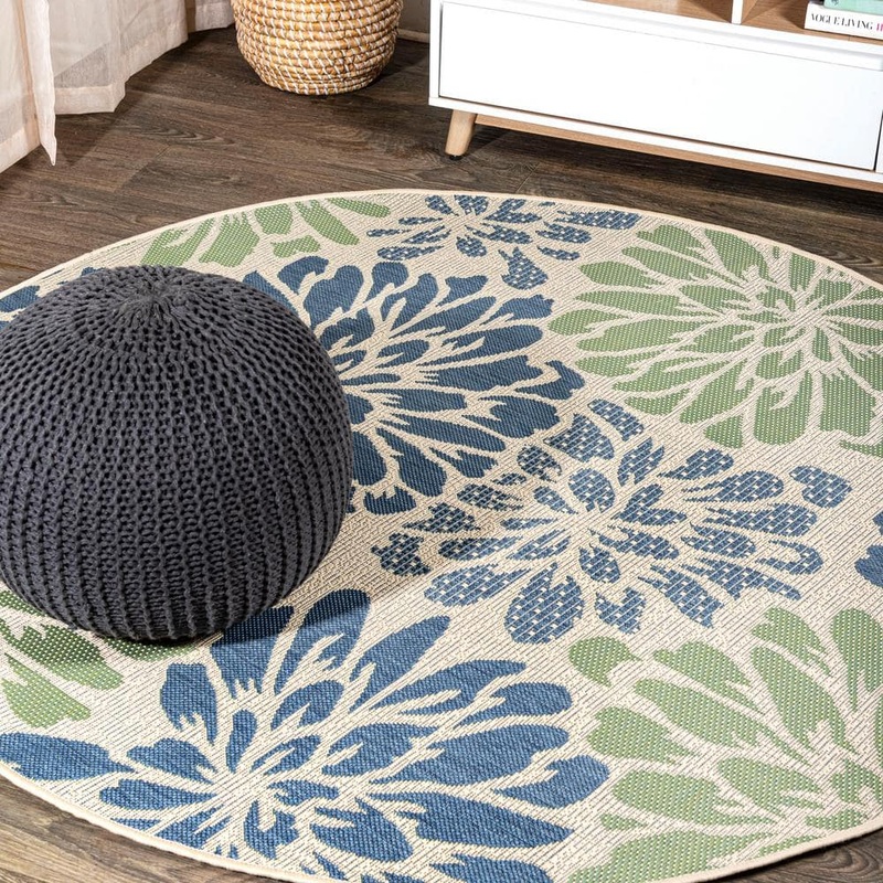 JONATHAN Y Zinnia Modern Floral Textured Weave Navy/Green 4 ft. Round Indoor/Outdoor Area Rug SMB110B-4R