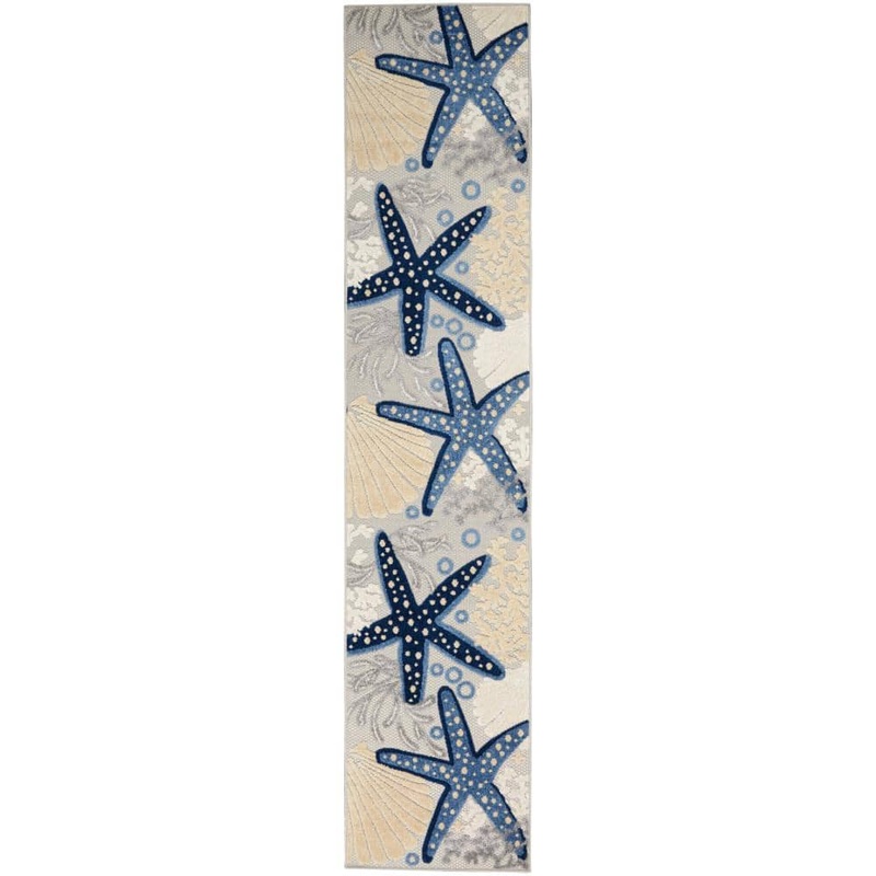 Nourison Aloha Blue/Gray 2 ft. x 10 ft. Kitchen Runner Nautical Contemporary Indoor/Outdoor Patio Area Rug 828484