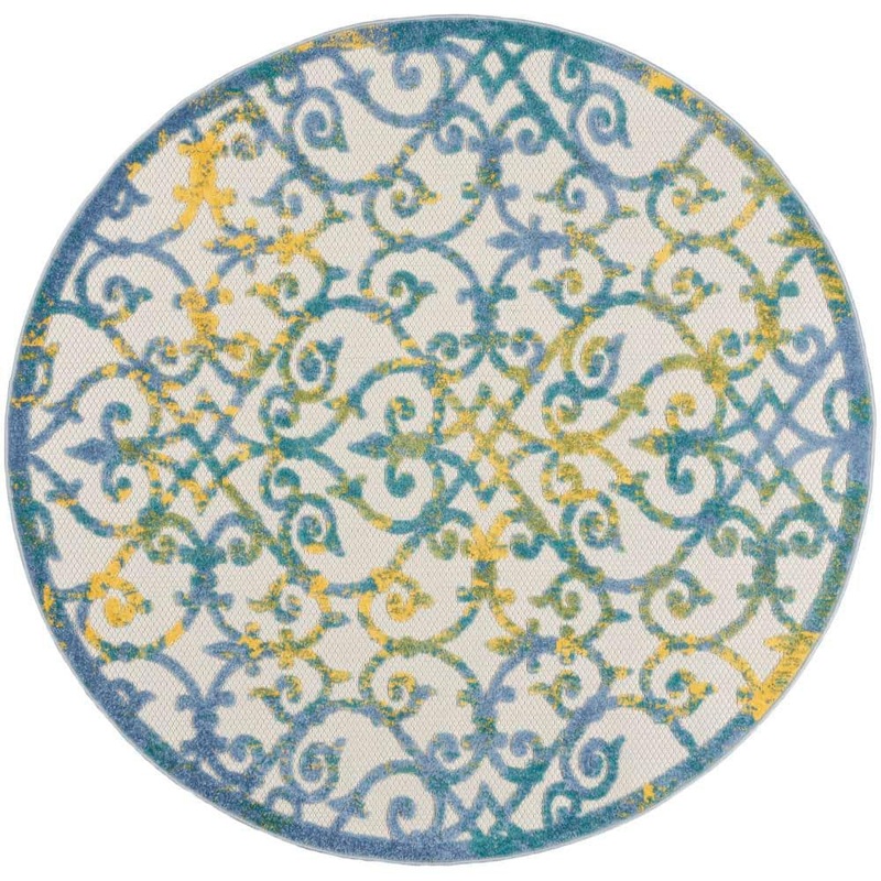 Nourison Aloha Ivory Blue 5 ft. Round Floral Contemporary Indoor/Outdoor Patio Area Rug 828095