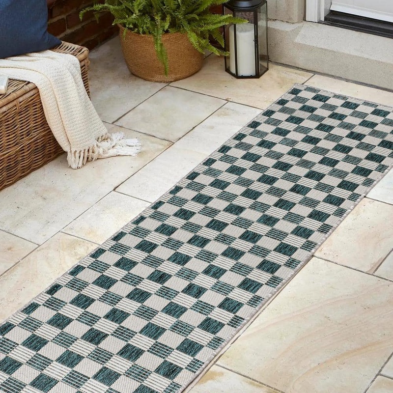 JONATHAN Y Aimee Turquoise/Cream 2 ft. x 8 ft. Traditional Cottage Checkerboard Indoor/Outdoor Runner Rug TSN204E-28