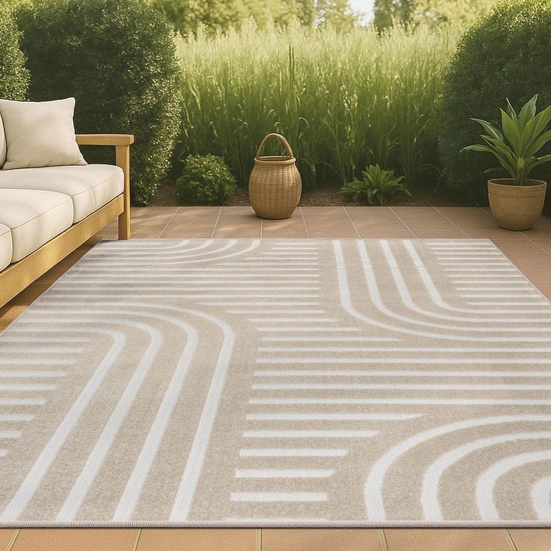 JONATHAN Y Anders High-Low MidCentury Modern Arch Stripe 2-Tone Beige/Cream 5 ft. x 8 ft. Indoor/Outdoor Area Rug SCN107C-5