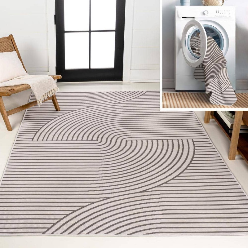 JONATHAN Y Arielle Mid-Century Curve Stripe Reversible Machine Washable Dark Gray/Cream 4 ft. x 6 ft. Indoor/Outdoor Area Rug SVH109A-4