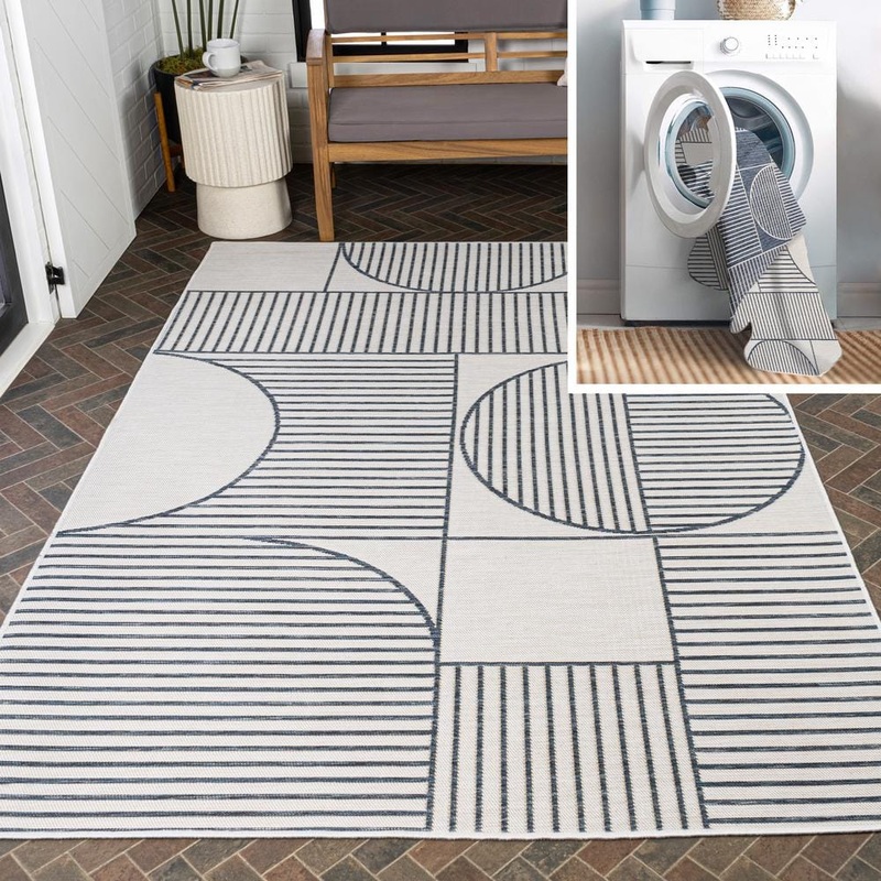 JONATHAN Y Arielle Mid-Century Modern Geometric Lines Reversible Machine Washable Navy/Cream 8 ft. x 10 ft. Indoor/Outdoor Area Rug SVH111A-8