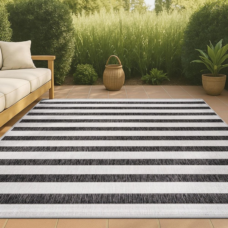 JONATHAN Y Aveiro Black/Cream 3 ft. x 5 ft. Wide Stripe Indoor/Outdoor Area Rug SMB112B-3