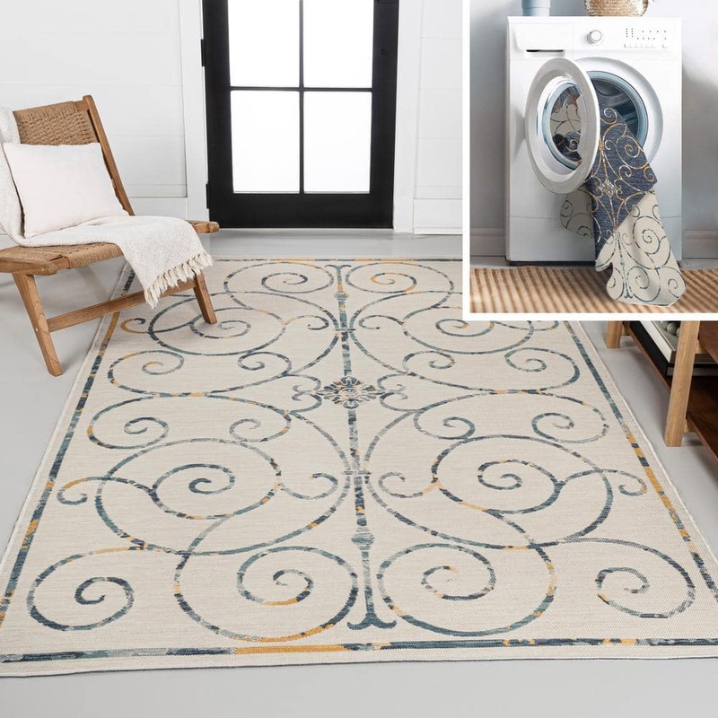 JONATHAN Y Danae Classic Cottage Filigree Scroll Reversible Machine-Washable Cream/Navy 3 ft. x 5 ft. Indoor/Outdoor Area Rug SVH100B-3