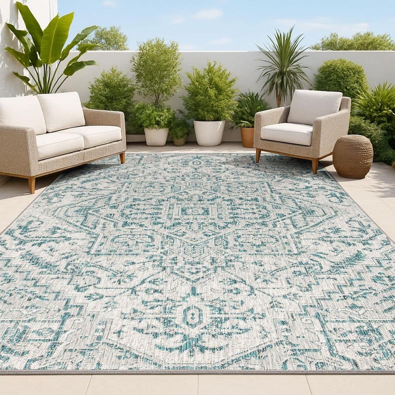 JONATHAN Y Estrella Bohemian Medallion Teal/Gray 3 ft. 11 in. x 6 ft. Textured Weave Indoor/Outdoor Area Rug SMB105C-4