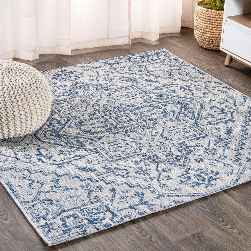 JONATHAN Y Estrella Bohemian Medallion Textured Weave Navy/Gray 8 ft. x 8 ft. Indoor/Outdoor Area Rug SMB105B-8SQ