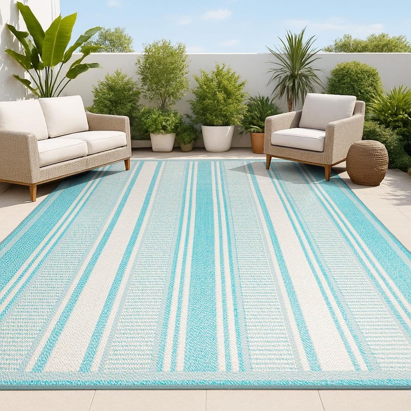 JONATHAN Y Haynes Modern Aqua/Beige 8 ft. x 10 ft. Double Stripe Indoor/Outdoor Area Rug SMB202A-8