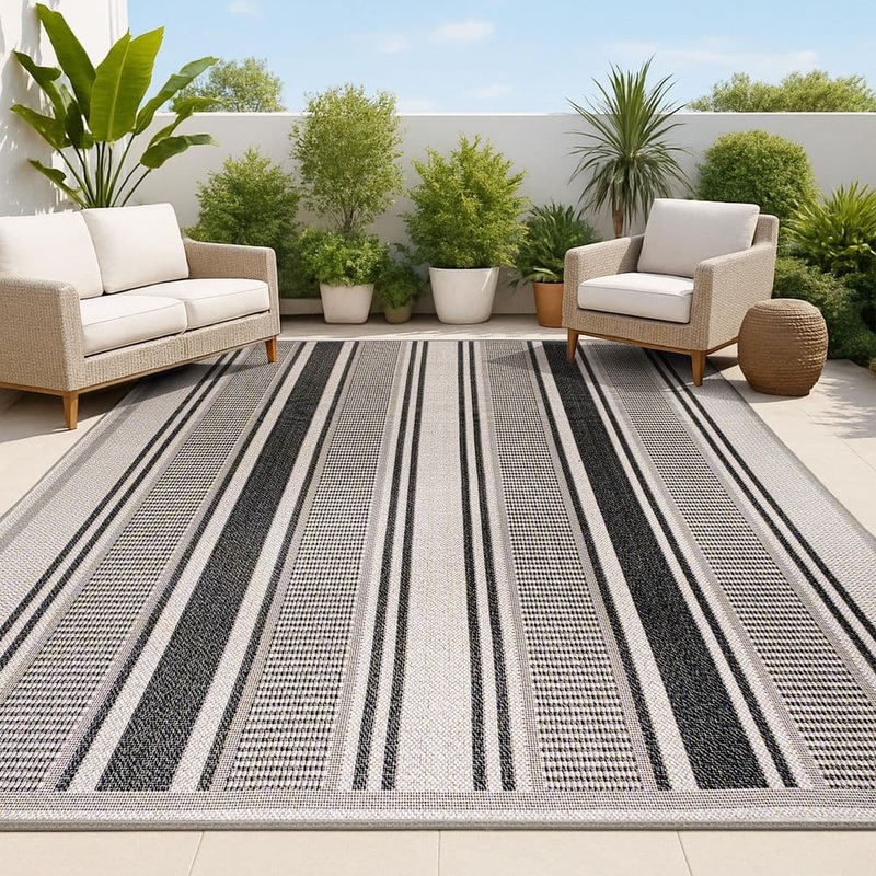 JONATHAN Y Haynes Modern Double Stripe Black/Beige 4 ft. x 6 ft. Indoor/Outdoor Area Rug SMB202D-4