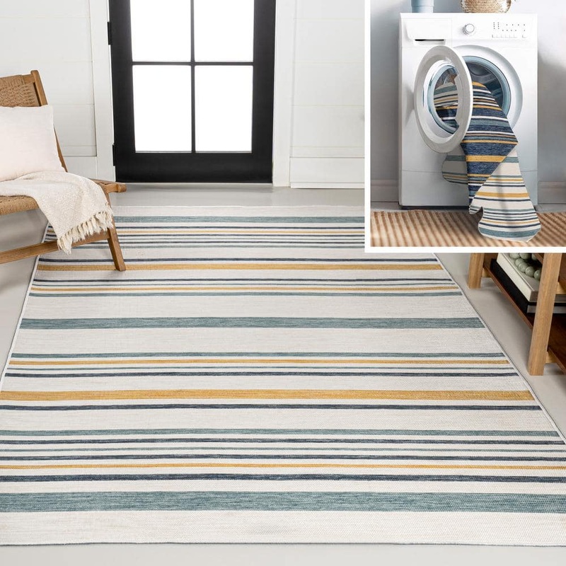 JONATHAN Y Janus Classic Coastal Ticking Stripe Reversible Machine-Washable Cream/Navy 5 ft. x 8 ft. Indoor/Outdoor Area Rug SVH104A-5