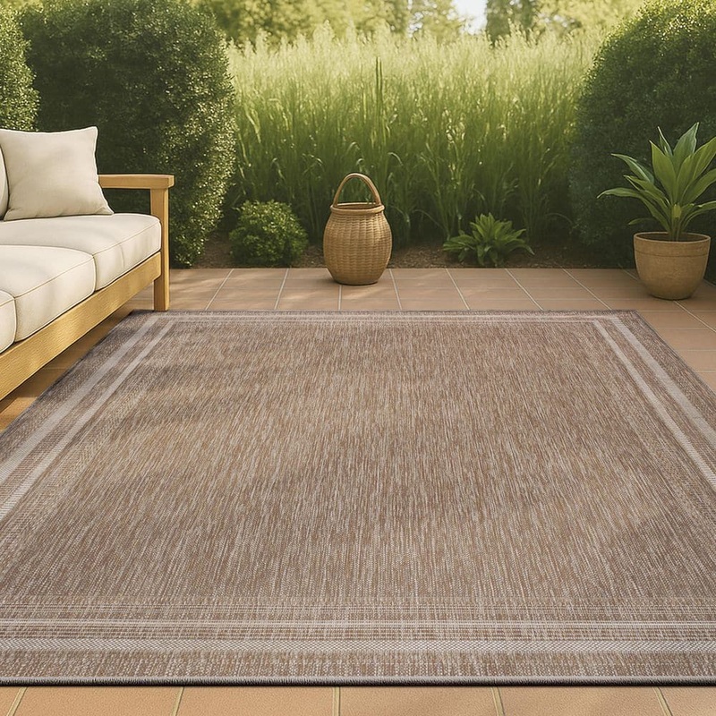 JONATHAN Y Lido Traditional Casual Pinstripe Border Beige/Cream 5 ft. x 8 ft. Indoor/Outdoor Area Rug TSN210A-5