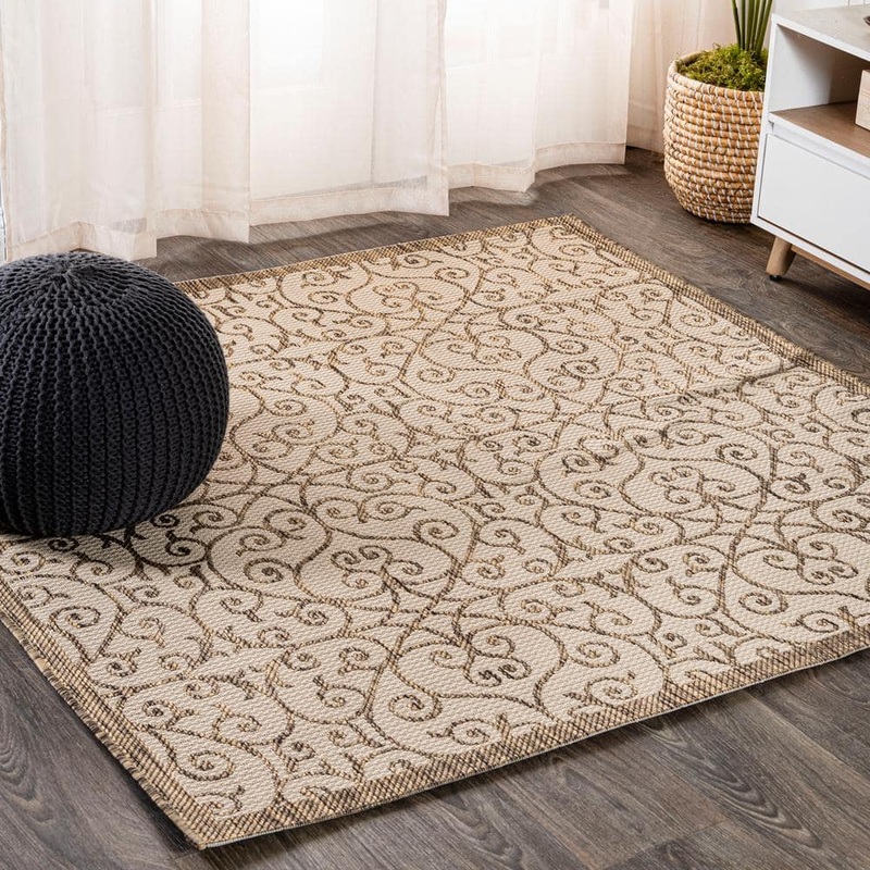 JONATHAN Y Madrid Beige/Brown 5 ft. Vintage Filigree Textured Weave Square Indoor/Outdoor Area Rug SMB107B-5SQ