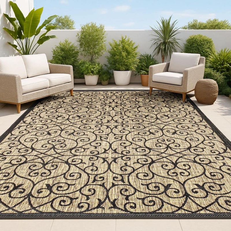 JONATHAN Y Madrid Vintage Filigree Black/Khaki 7 ft. 9 in. x 10 ft. Textured Weave Indoor/Outdoor Area Rug SMB107A-8