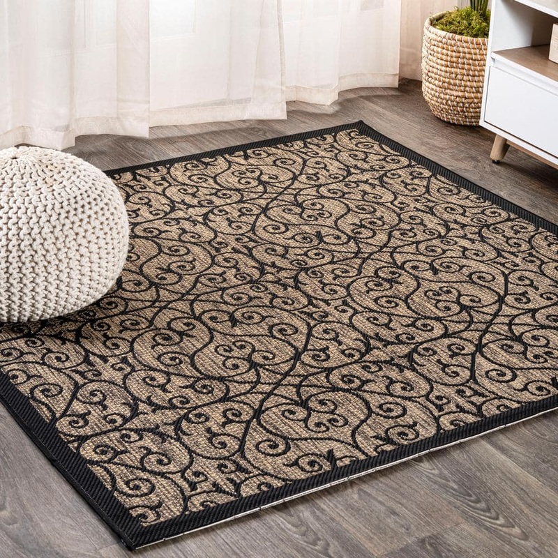 JONATHAN Y Madrid Vintage Filigree Textured Weave Black/Khaki 8 ft. x 8 ft. Indoor/Outdoor Area Rug SMB107A-8SQ