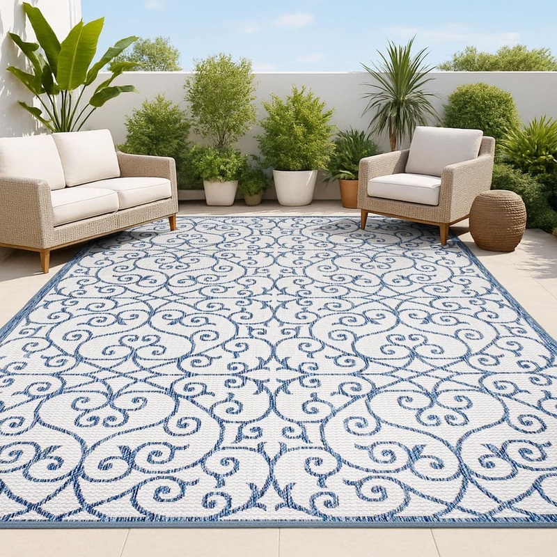 JONATHAN Y Madrid Vintage Filigree Textured Weave Blue/Cream 9 ft. x 12 ft. Indoor/Outdoor Area Rug SMB107F-9