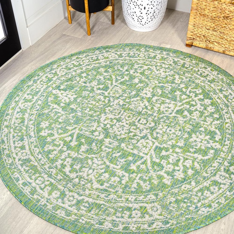 JONATHAN Y Malta Bohemian Textured Weave Cream/Green 5 ft. Round Medallion Indoor/Outdoor Area Rug SMB104F-5R