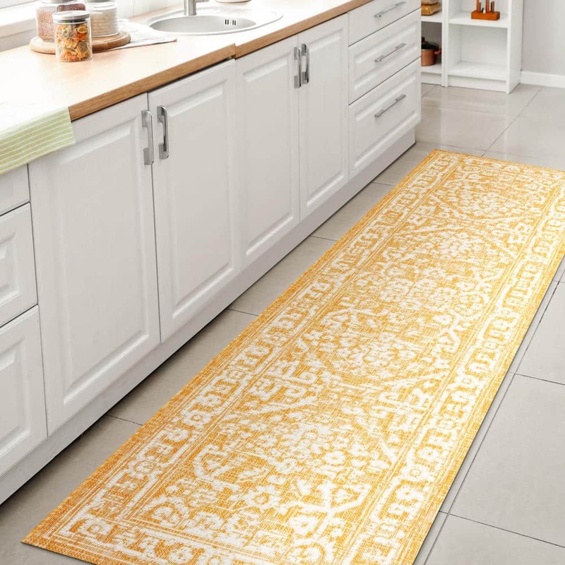 JONATHAN Y Malta Yellow/Cream 2 ft. x 10 ft. Bohemian Medallion Textured Weave Indoor/Outdoor Area Rug SMB104G-210