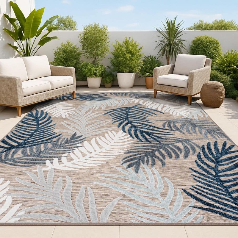 JONATHAN Y Montego High-Low Tropical Palm Brown/Navy/Ivory 3 ft. x 5 ft. Indoor/Outdoor Area Rug HWC101B-3