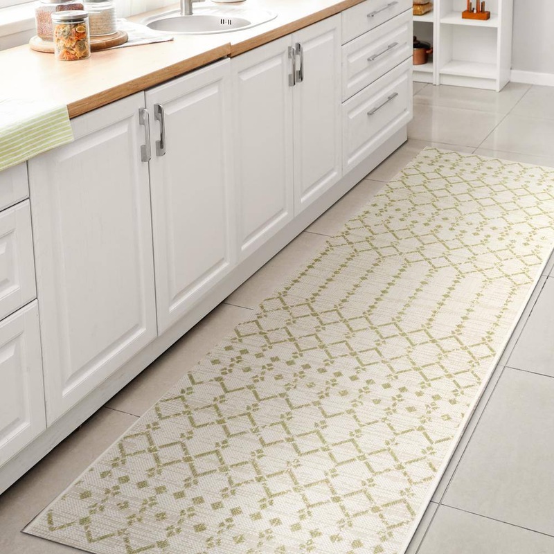 JONATHAN Y Ourika Moroccan Geometric Textured Weave Cream/Green 2 ft. x 10 ft. Indoor/Outdoor Area Rug SMB108M-210