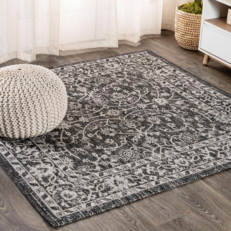 JONATHAN Y Palazzo Black/Gray 5 ft. Vine and Border Textured Weave Square Indoor/Outdoor Area Rug SMB103C-5SQ