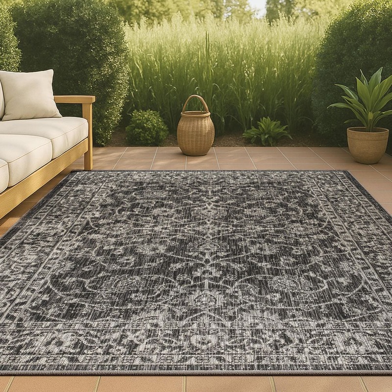 JONATHAN Y Palazzo Black/Gray 9 ft. x 12 ft. Vine and Border Textured Weave Indoor/Outdoor Area Rug SMB103C-9