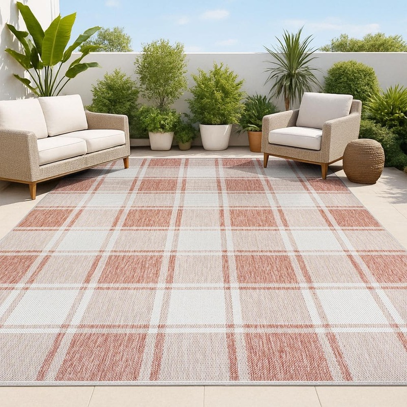 JONATHAN Y Sabine Traditional Farmhouse Bold Gingham Salmon/Cream 4 ft. x 6 ft. Indoor/Outdoor Area Rug TSN203A-4