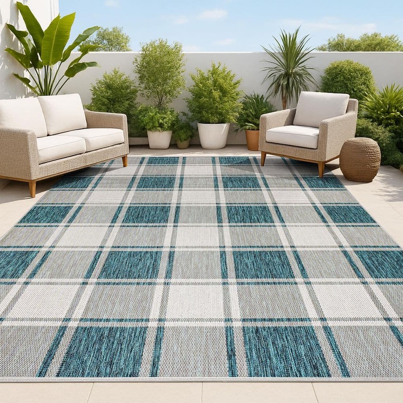 JONATHAN Y Sabine Traditional Farmhouse Bold Gingham Turquoise/Cream 3 ft. x 5 ft. Indoor/Outdoor Area Rug TSN203E-3