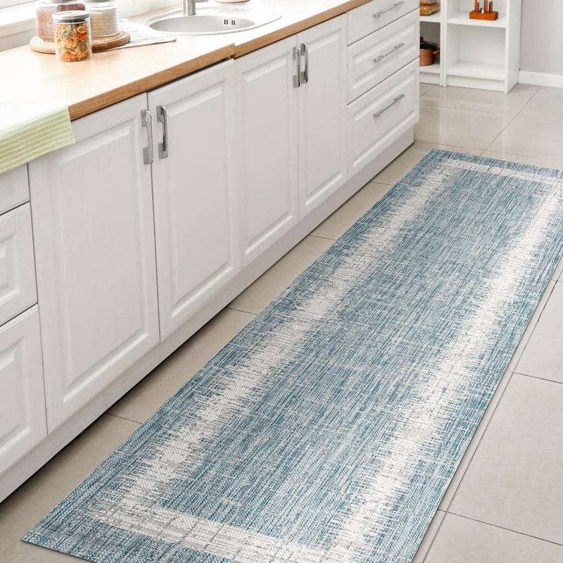 JONATHAN Y Scandi Minimalist Border Aqua/Ivory 2 ft. x 8 ft. Indoor/Outdoor Runner Rug SMB118A-28
