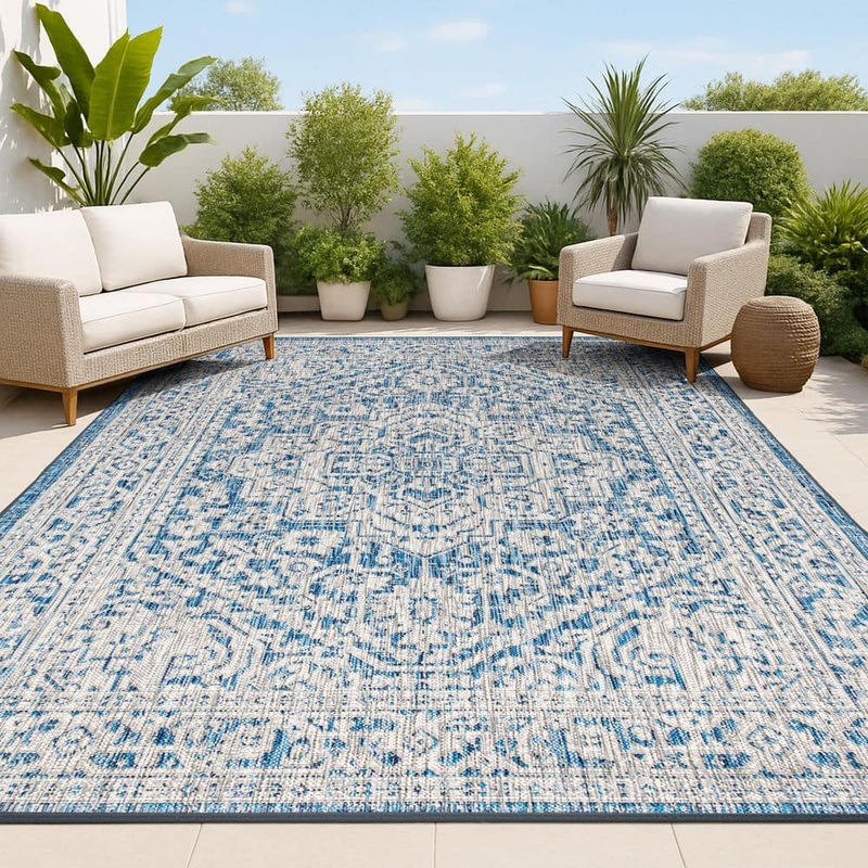 JONATHAN Y Sinjuri Medallion Navy/Gray 5 ft. 3 in. x 7 ft. 7 in. Textured Weave Indoor/Outdoor Area Rug SMB101B-5