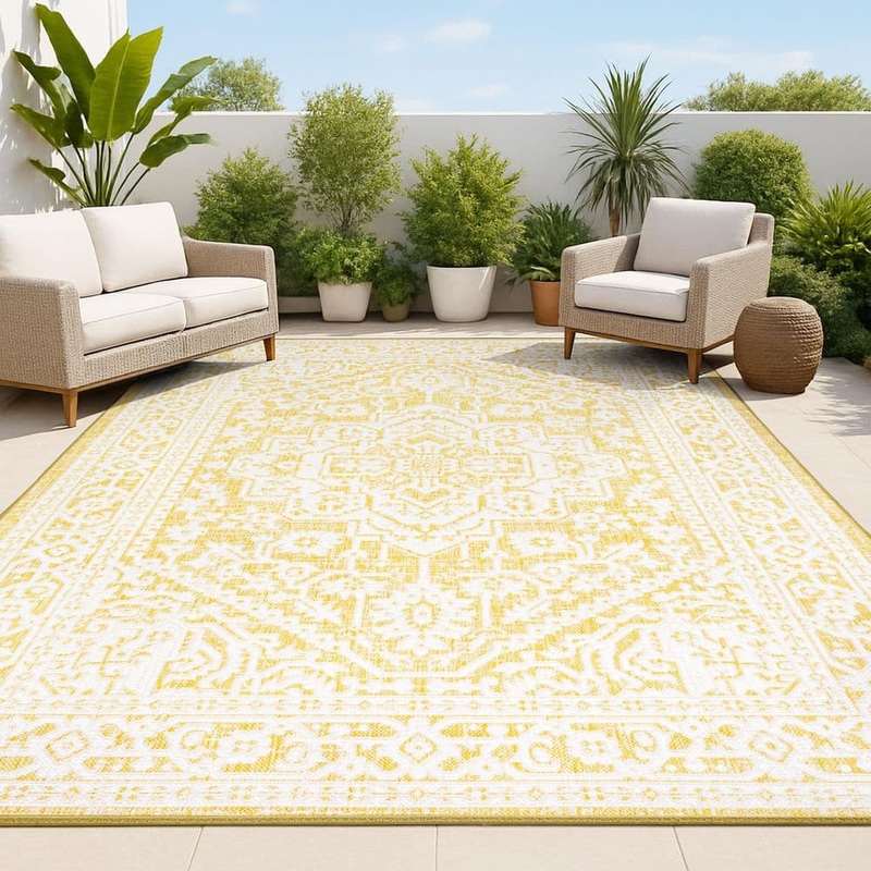 JONATHAN Y Sinjuri Medallion Textured Weave Yellow/Cream 8 ft. x 10 ft. Indoor/Outdoor Area Rug SMB101I-8