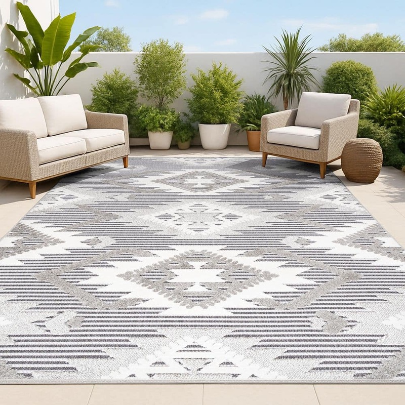 JONATHAN Y Sumak High-Low Pile Neutral Diamond Kilim Gray/White/Black 5 ft. x 8 ft. Indoor/Outdoor Area Rug SBH107B-5