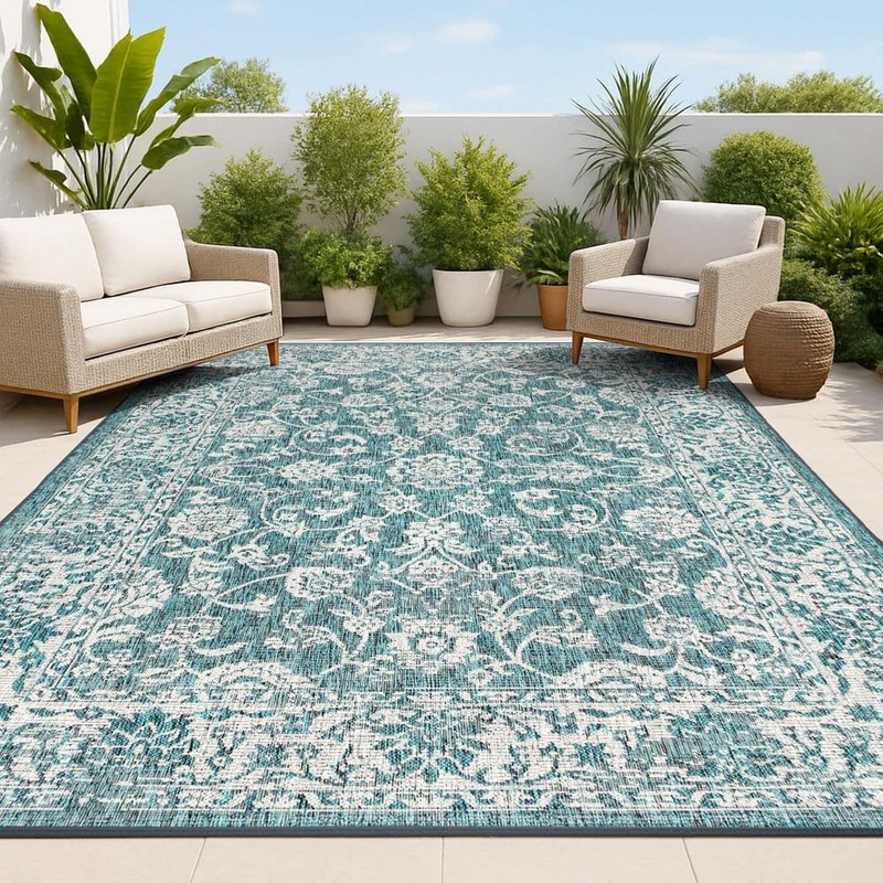 JONATHAN Y Tela Bohemian Teal/Gray 3 ft. 1 in. x 5 ft. Textured Weave Floral Indoor/Outdoor Area Rug SMB100C-3