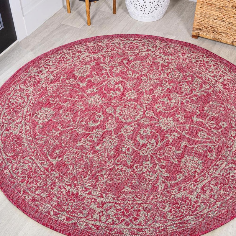 JONATHAN Y Tela Bohemian Textured Weave Floral Fuchsia/Light Gray 5 ft. Round Indoor/Outdoor Area Rug SMB100G-5R