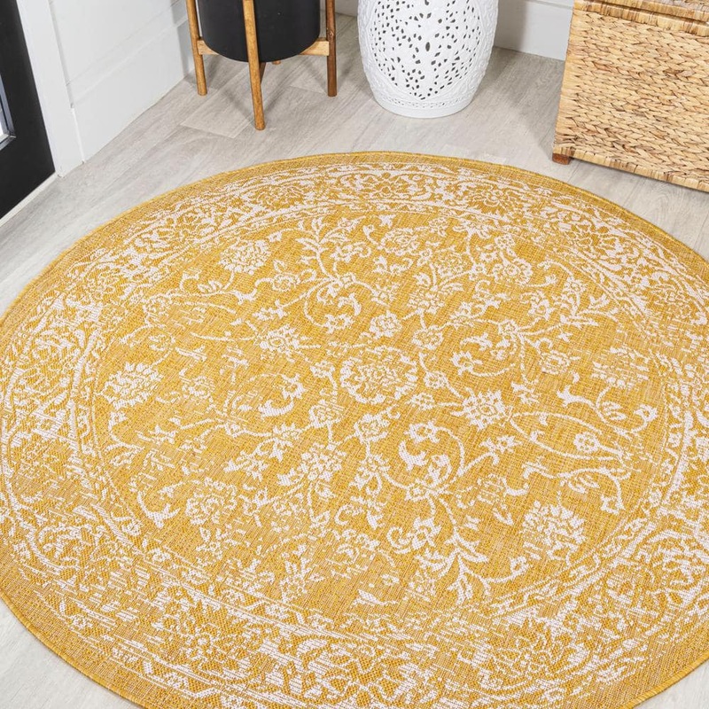 JONATHAN Y Tela Bohemian Textured Weave Yellow/Cream 5 ft. Round Floral Indoor/Outdoor Area Rug SMB100E-5R