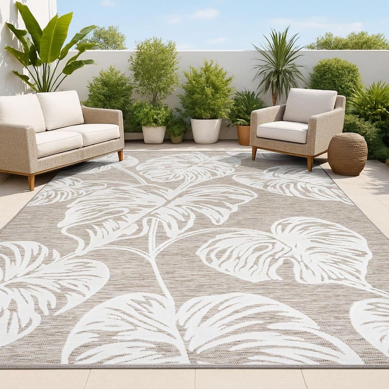 JONATHAN Y Tobago Approximate Rug Size (5 x 8 ft.) High-Low Two-Tone Brown/Ivory Monstera Leaf Indoor/Outdoor Area Rug HWC100B-5