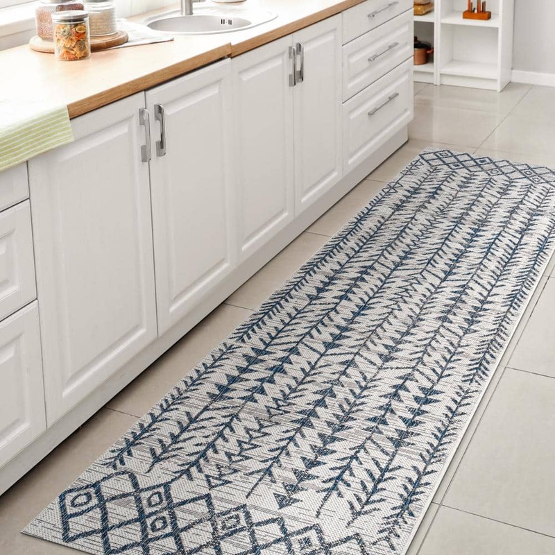 JONATHAN Y Tokay Bohemian Geometric Ivory/Blue 2 ft. x 10 ft. Indoor/Outdoor Area Rug SMB132B-210