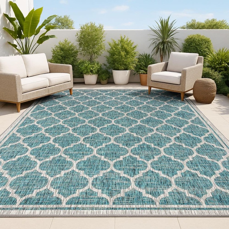 JONATHAN Y Trebol Moroccan Trellis Teal/Gray 3 ft. 11 in. x 6 ft. Textured Weave Indoor/Outdoor Area Rug SMB109E-4