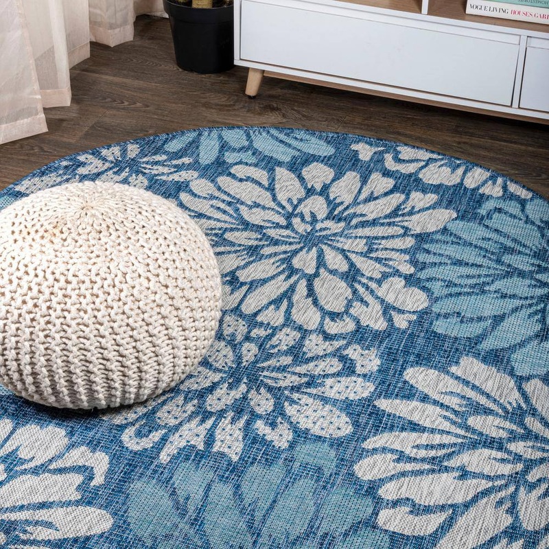 JONATHAN Y Zinnia Modern Floral Textured Weave Navy/Aqua 8 ft. Round Indoor/Outdoor Area Rug SMB110C-8R