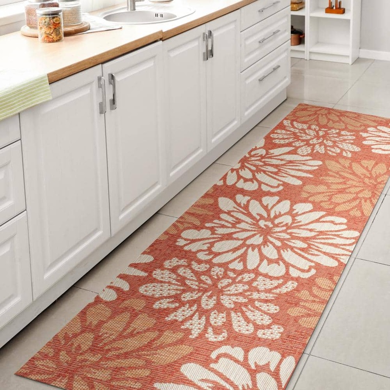 JONATHAN Y Zinnia Modern Floral Textured Weave Orange/Cream 2 ft. x 10 ft. Indoor/Outdoor Area Rug SMB110E-210