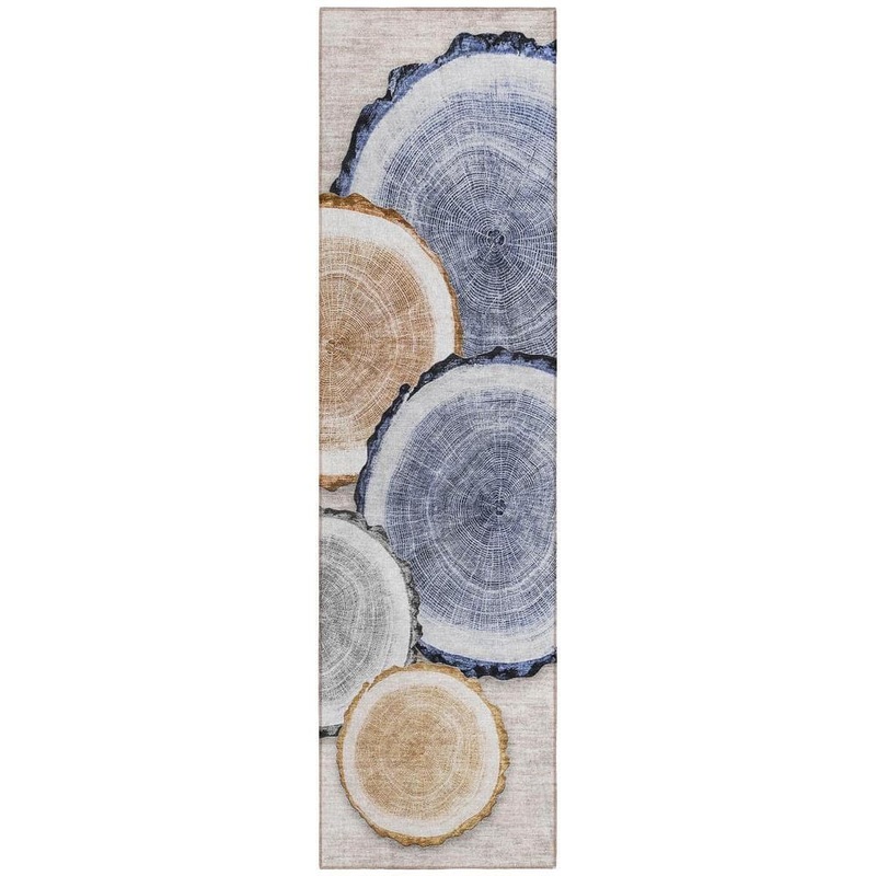 HomeRoots Beige Blue and Gold 2 ft. x 8 ft. Woven Geometric Runner Indoor/Outdoor Area Rug 2000564393