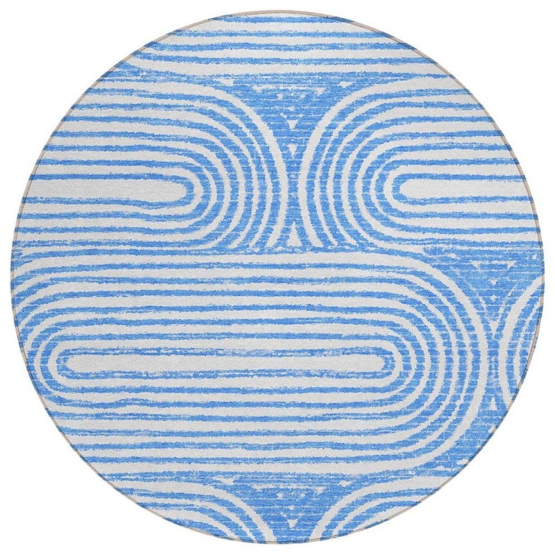 HomeRoots Blue and White 8 ft. Round Woven Abstract Round Indoor/Outdoor Area Rug 2000561818