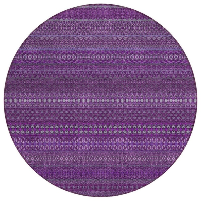 HomeRoots Eggplant 8 ft. Round Woven Striped Polyester Round Indoor/Outdoor Area Rug 2000560704