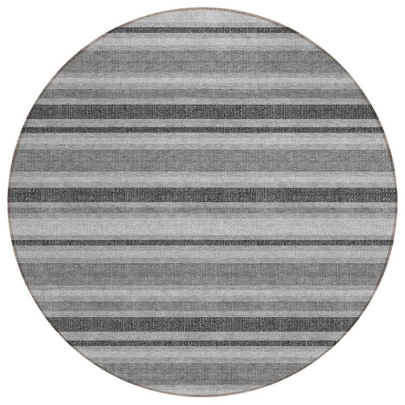 HomeRoots Gray and Black 8 ft. Round Woven Striped Polyester Round Indoor/Outdoor Area Rug 2000561163