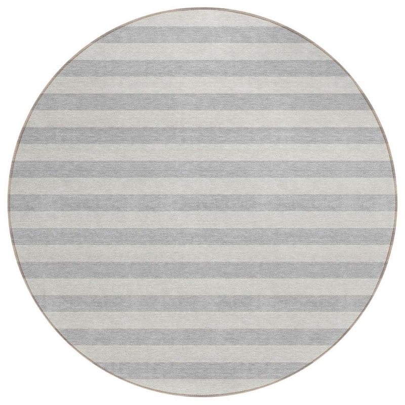 HomeRoots Gray and Ivory 8 ft. Round Woven Striped Polyester Round Indoor/Outdoor Area Rug 2000561100