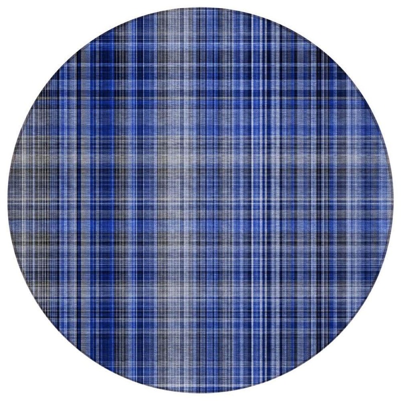 HomeRoots Navy Blue 8 ft. Round Woven Plaid Round Indoor/Outdoor Area Rug 2000561890