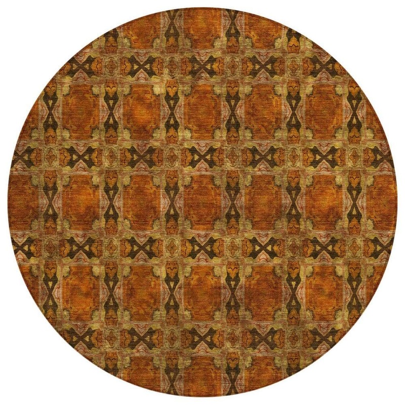 HomeRoots Orange and Rust 8 ft. Round Woven Floral;Medallion Round Indoor/Outdoor Area Rug 2000563462