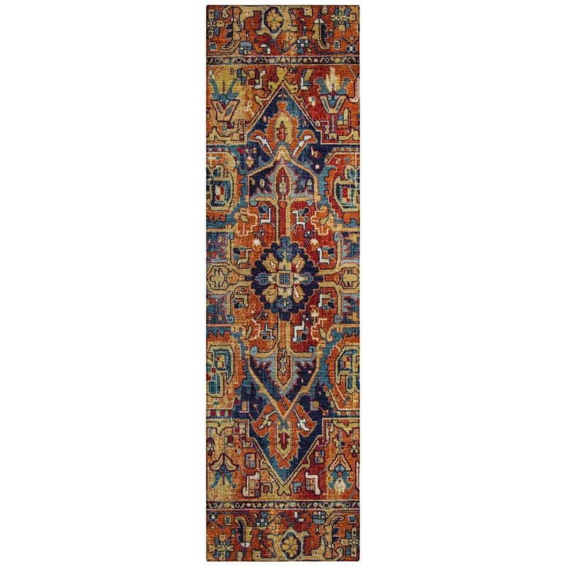 HomeRoots Red Orange and Blue 2 ft. x 8 ft. Woven Oriental Runner Indoor/Outdoor Area Rug 2000563782
