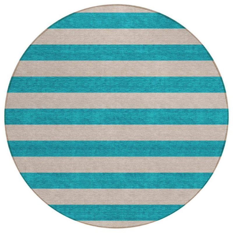 HomeRoots Turquoise 8 ft. Round Woven Striped Polyester Round Indoor/Outdoor Area Rug 2000561127