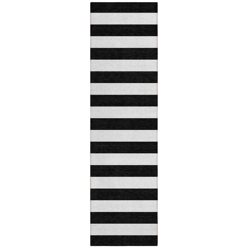 HomeRoots Black and White 2 ft. x 8 ft. Woven Striped Polyester Runner Indoor/Outdoor Area Rug 2000560799