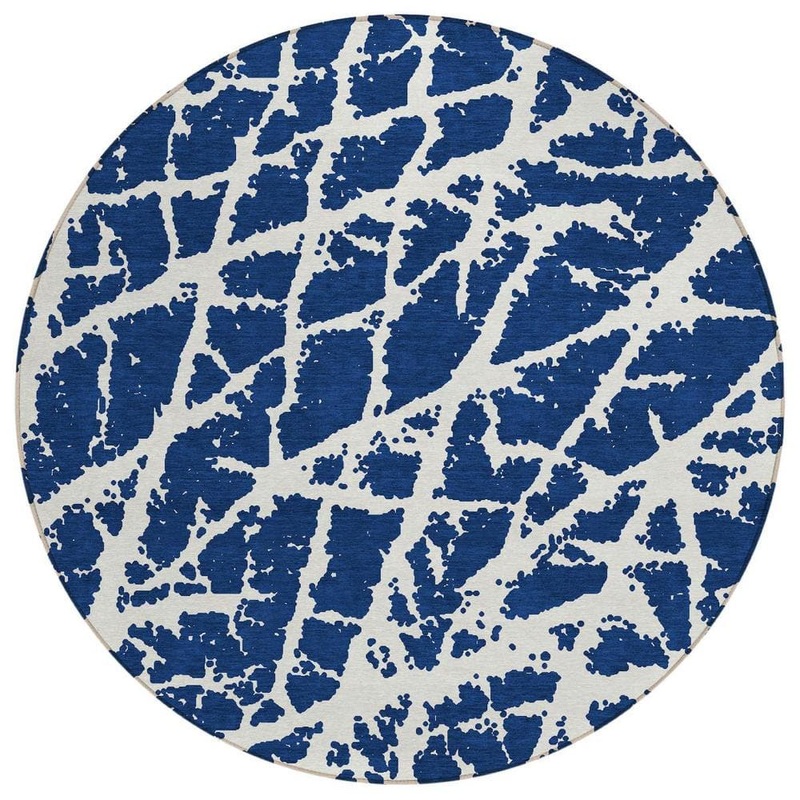 HomeRoots Blue and White 8 ft. Round Abstract Indoor / Outdoor Area Rug 2000559636